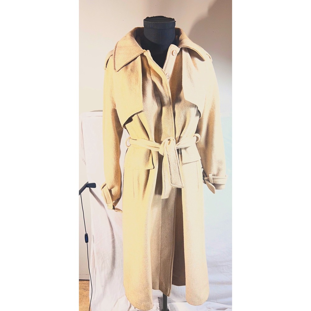 Vintage Soigne Wool Blend Trench Coat Beige Tan Long Belted Overcoat womens L
